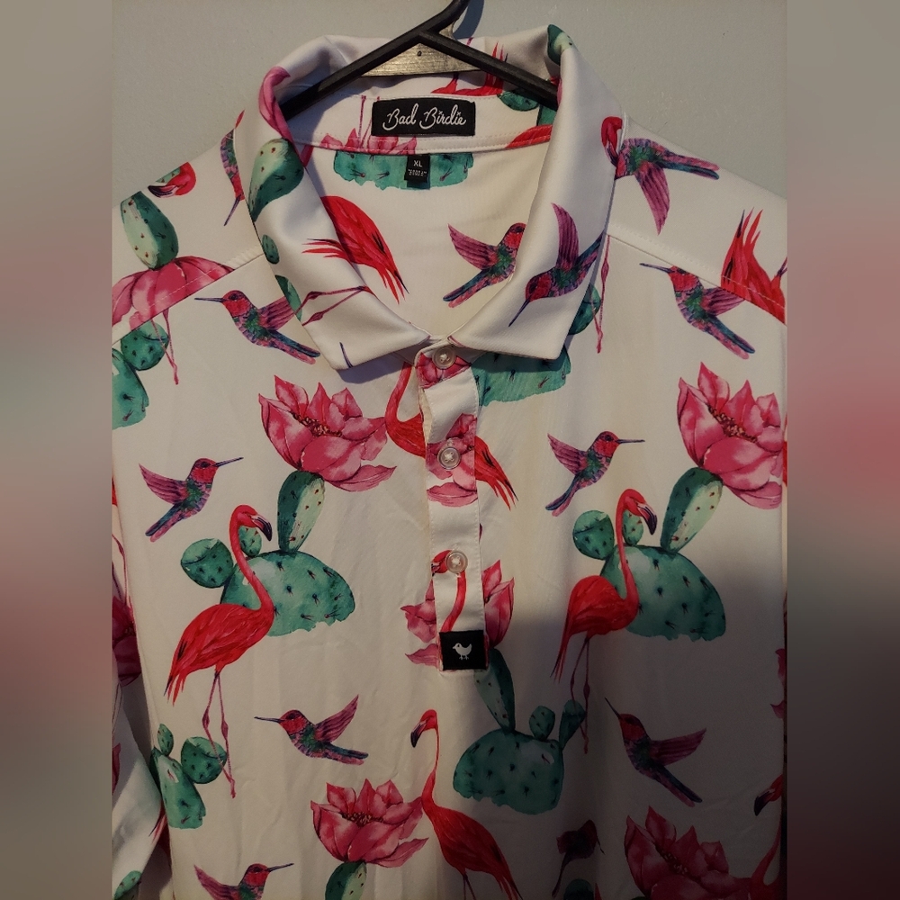 Bad Birdie Men's XL Golf Polo Shirt White Flamingo Flock With Me Short Sleeve